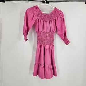 Idillio Mini Dress Pink Linen Smocked Off Shoulder Tiered Half Sleeve Size S